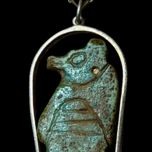 18” Sterling Chain and Pendant Setting of a Faience Clay Amulet of Sobek - Picture 9 of 9